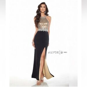 Alys Paris Beaded Sequin Evening Black slit maxi Wedding Prom Luxe dress Size 10